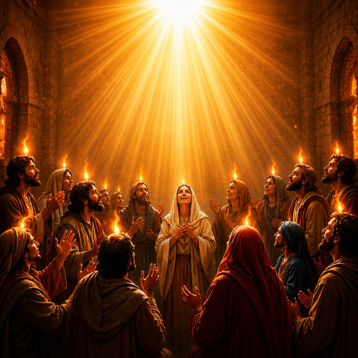Tongues of fire descending on the heads of people at Pentecost