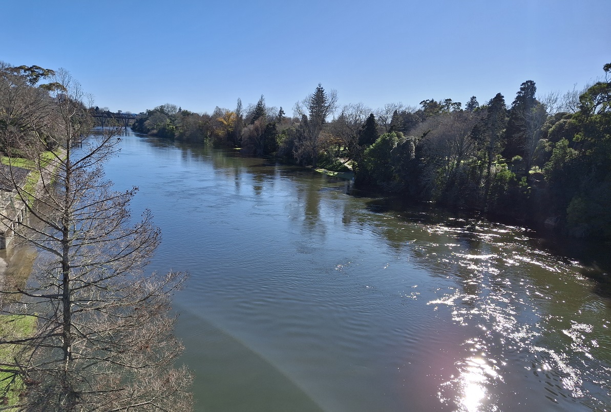 The Waikato River viewed from the Victoria Bridge, Hamilton, New Zealand